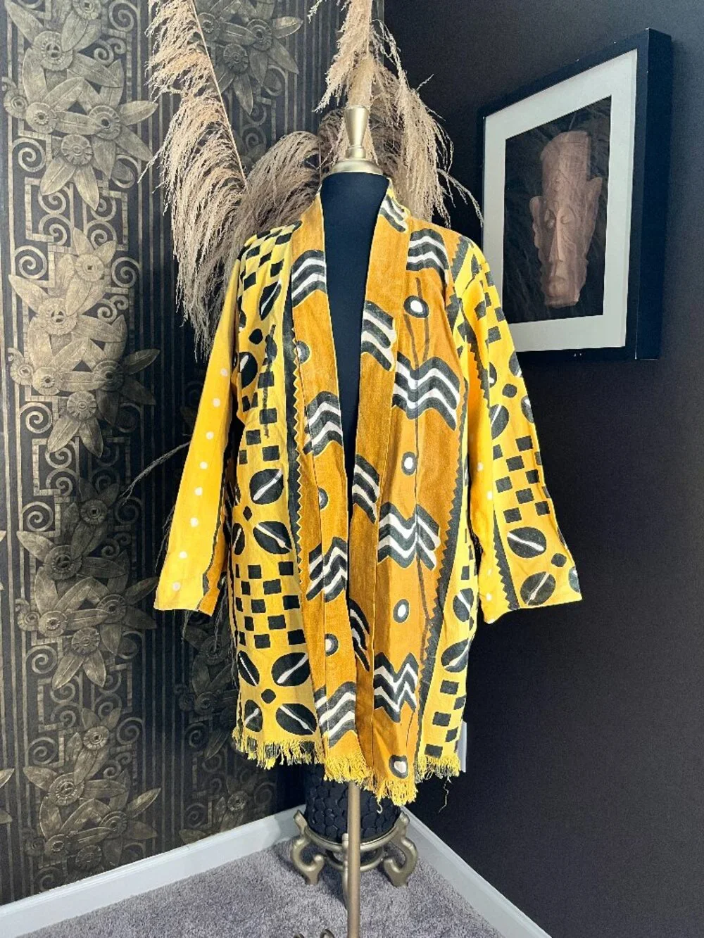 yellow and black geometric patterned African mud cloth kimono jacket - Picture 3 of 6